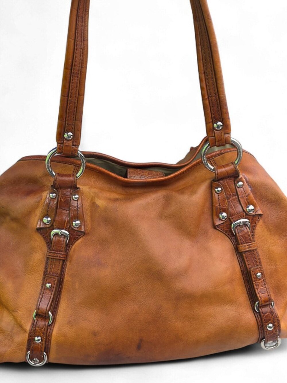 DKNY Genuine Leather Tan Shoulder Tote Bag Large Brown Trim Purse - Vintage